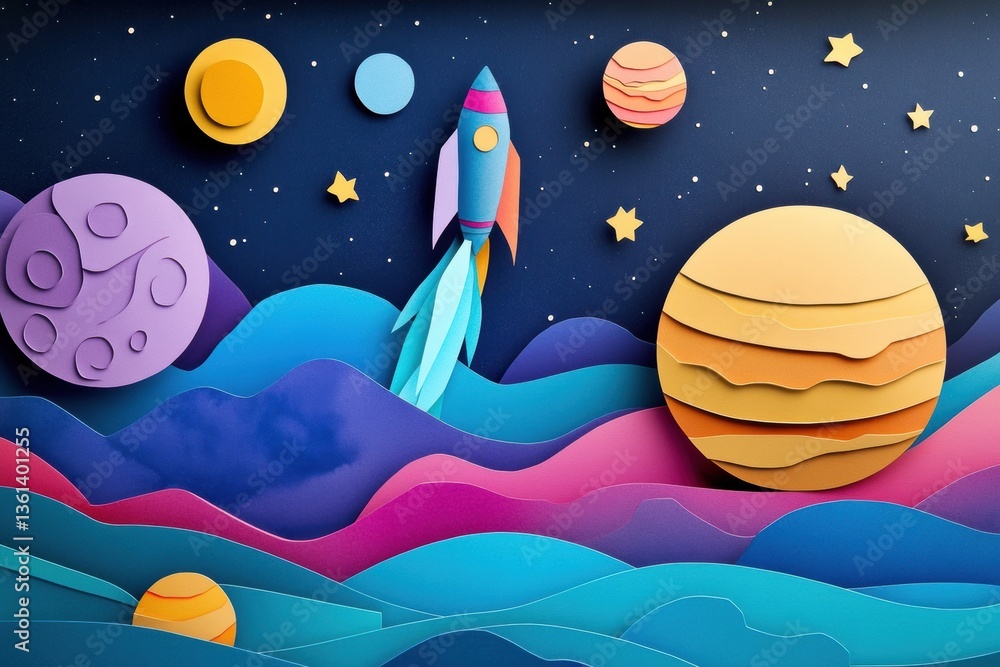 Poster Exploring a vibrant layered paper cut space landscape with planets and a rocket ship in deep cosmic colors Generative AI