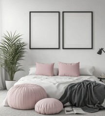 Minimalist bedroom interior with pink pillows and poufs.