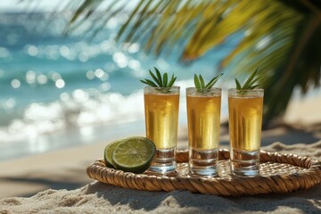 Tequila Sunrise: Three chilled tequila shots garnished with herbs and lime wedges on a tray by the ocean. Capture the refreshing taste of tequila in a relaxing atmosphere. 