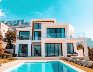 Fototapeta premium Modern Luxury Villa with Scenic Mountain Views and Pool Area