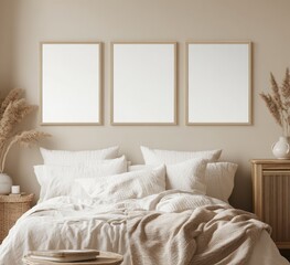 Minimalist bedroom interior with three blank frames above bed.
