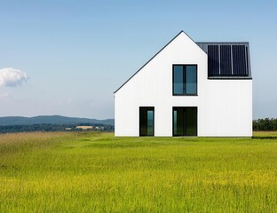 Obraz premium Modern White House with Solar Panels in Open Green Field