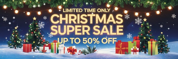 Winter wonderland Christmas sale scene with a snowy background, vibrant holiday decorations, twinkling stars, a festive 50 percent off sale banner glowing in golden light for seasonal shopping deals