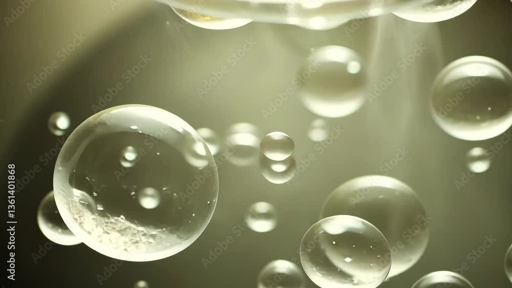 Poster bubbles floating in the air illuminated by soft light in a serene indoor environment