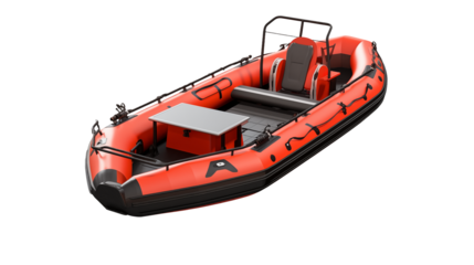 A red inflatable boat with a table on a black background