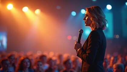 Woman on stage speaks into microphone to audience. Motivational speaker giving lecture at business conference. Female presenter, public speaking at event, seminar, workshop. Businesswoman in suit at