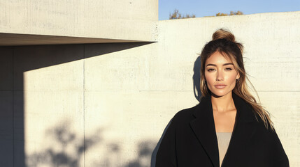 Fototapeta premium Model poses in modern architectural setting during golden hour