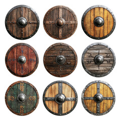 Naklejka premium Various Viking medieval shields displayed on a transparent background showcasing craftsmanship and historical significance, Viking Medieval Shields Isolated on transparent background