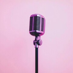 Fototapeta premium Retro Microphone on Stand with Pink Background for Music Themes