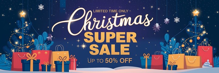 Naklejka premium Winter wonderland Christmas sale scene with a snowy background, vibrant holiday decorations, twinkling stars, a festive 50 percent off sale banner glowing in golden light for seasonal shopping deals