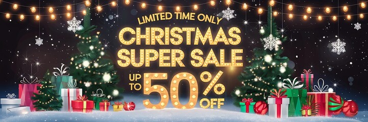Winter wonderland Christmas sale scene with a snowy background, vibrant holiday decorations, twinkling stars, a festive 50 percent off sale banner glowing in golden light for seasonal shopping deals