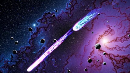 A cosmic scene with planets and a glowing nebula, captured from a wide-angle perspective, resembling a sci-fi video game universe.