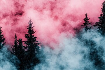 Ethereal Pink and Blue Mist Over Pine Trees in a Dreamy Landscape