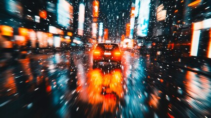 A sleek self-driving car speeding through a futuristic cityscape, with dynamic lights and vibrant digital billboards on the skyscrapers