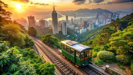 Naklejka premium Scenic Green Tram Journey Through Victoria Peak at Sunset in Hong Kong