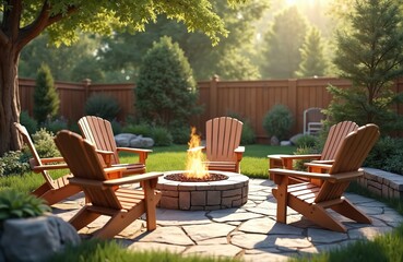 Cozy backyard fire pit scene. Wooden chairs around stone fire pit in green garden. Relax, enjoy evening sunset, vacation, summer. Modern backyard design concept for a home with outdoor living.