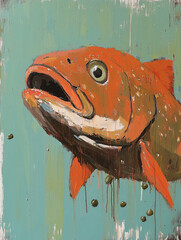 Expressionistic red fish painted teal peeling wooden surface vertical canvas rough brush strokes bold color artistic texture rustic nautical visual raw marine vintage gallery art wallpaper decor