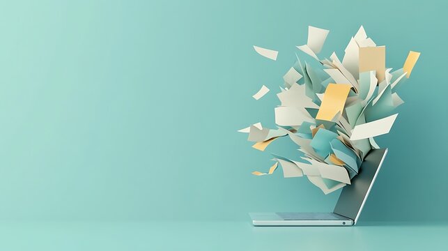 3D Render: Documents Exploding from Laptop, Teal Background AI Generated
