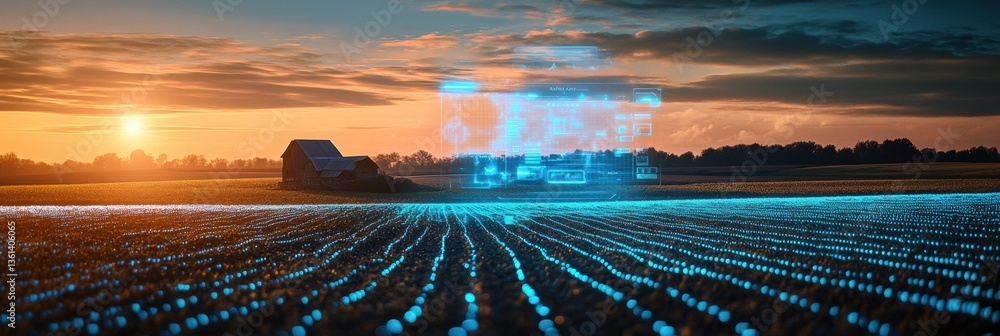 Poster holographic crop yield data display blends with rural farmland at sunset generative ai