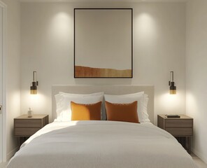 Minimalist bedroom with beige bedding, orange pillows, and artwork.