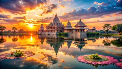 Obraz premium Serene Sunset Reflection of a Temple in Calm Water with Lilies