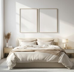 Minimalist bedroom with beige bedding, two empty frames, and side tables.