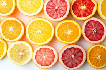 A vibrant top-down photograph of freshly sliced citrus fruits, including oranges, lemons, and grapefruits, their juicy interiors glistening against a clean white background.
