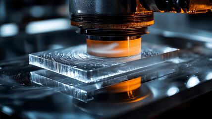 A closeup shot from the side of a circular polishing wheel grinding a square of glass material This monochrome image clearly captures every fine detail highlighting t