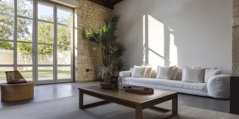 Naklejka premium Modern living room with abundant natural light and minimalistic decor in a tranquil setting