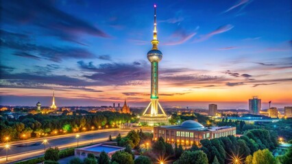 Obraz premium Illuminated Television Tower Against Sky in Evening Twilight