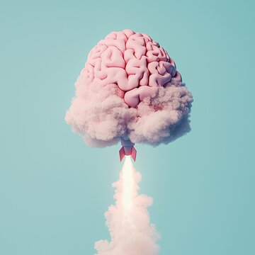 Creative Brain Concept with Rocket Launching Clouds Brilliant Idea