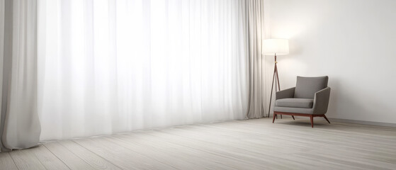 Modern living room with a chair and soft curtains in bright natural light