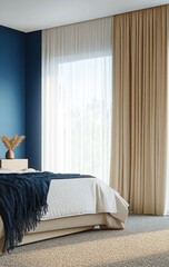 Minimalist bedroom with blue wall, beige curtains, and white bedding.
