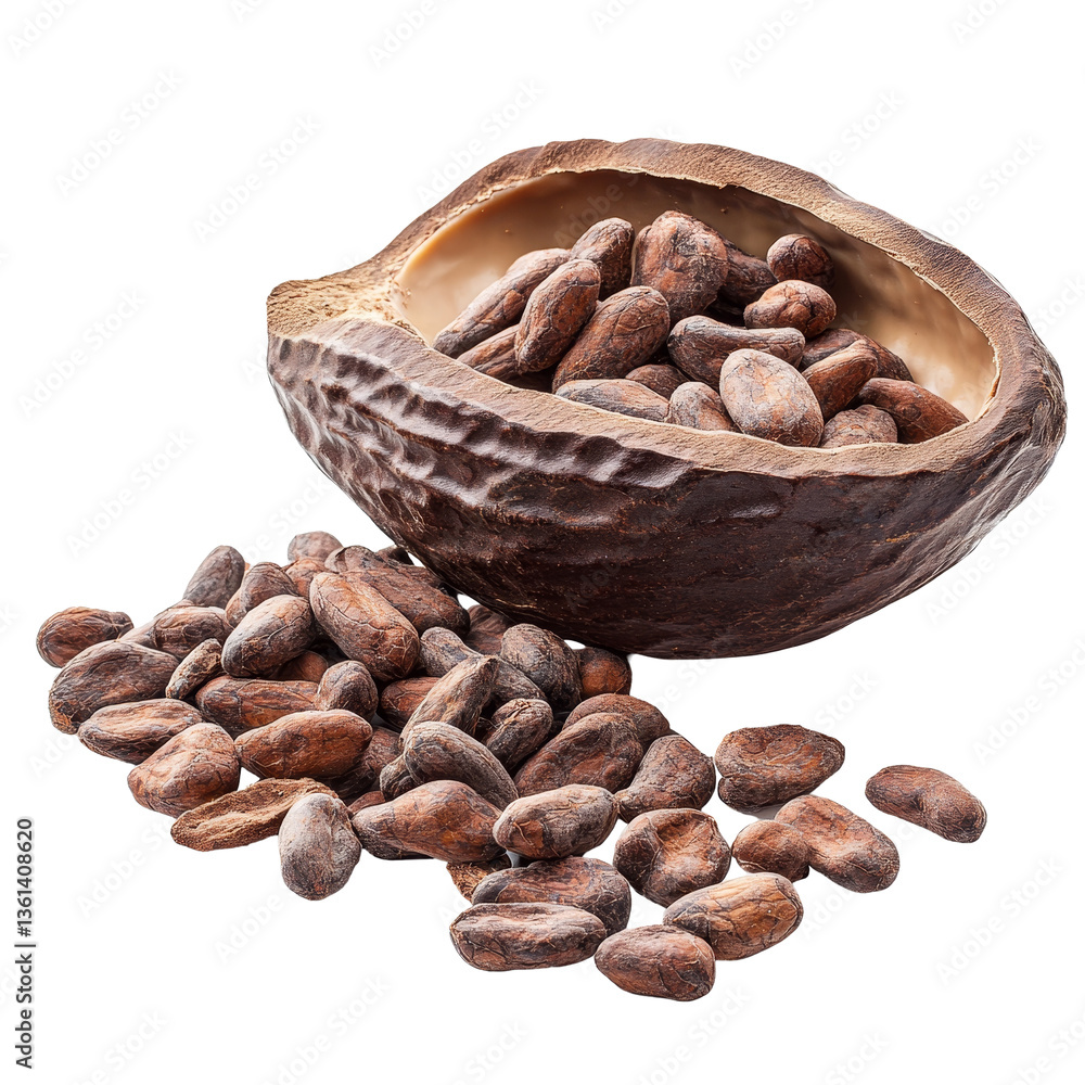 Poster fresh cocoa pod with cocoa beans isolated on a transparent background showcasing natural chocolate g