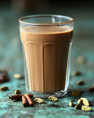 A glass of creamy tea alongside cinnamon sticks and cardamom pods creates an inviting atmosphere for a relaxing and flavorful experience