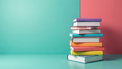 Stack of colourful books on solid color background. Pile of knowledge education or relaxation. Ideal for design advertising posters social media content. Home interior design.