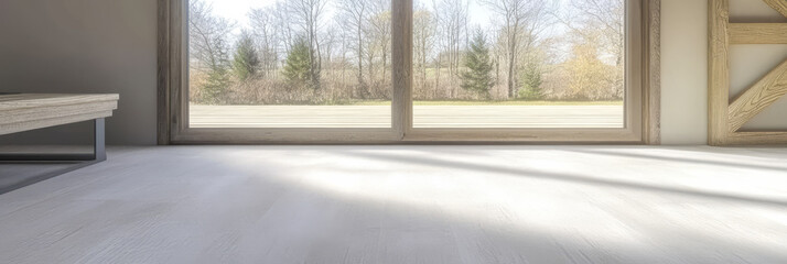 Natural light filters through large windows in modern interior space surrounded by trees
