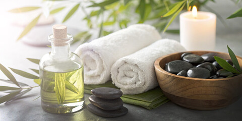 Business background. Wellness spa concept with relaxation and massage therapy. Relaxation, Health, Massage, Aromatherapy, Candles, Stones, Towels, Oil, Pampering, Care, Beauty