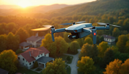 Drone with camera filming landscapes from high above. Aerial shot of a drone inspecting the surroundings. Flying over residential homes at sunset. Inspection, survey, tech, nature, overview.