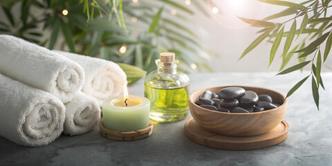 Business background. Beauty Spa and Wellness Treatments Concept with Relaxing Massage Relaxation. Wellness, Massage, Aromatherapy, Candles, Stones, Towels, Oil, Care