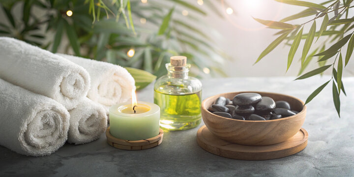 Business background. Beauty Spa and Wellness Treatments Concept with Relaxing Massage Relaxation. Wellness, Massage, Aromatherapy, Candles, Stones, Towels, Oil, Care