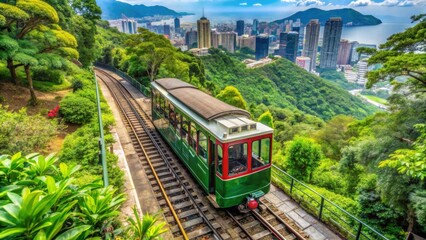 Obraz premium Scenic Green Tram Journey Through Lush Landscape and City View