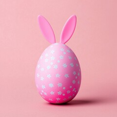 Fototapeta premium Pink Easter egg with bunny ears and floral patterns on pastel background