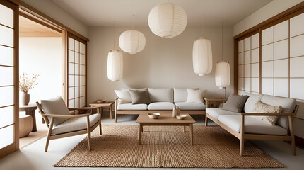 A Japandi-style interior blending Japanese minimalism and Scandinavian warmth, with wooden elements, neutral tones, paper lantern lighting, and a low-profile sofa