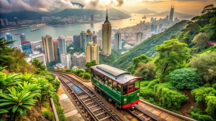 Fototapeta premium Scenic Tram Journey Through Green Hills and Urban Skyline at Sunset