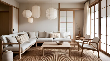 A Japandi-style interior blending Japanese minimalism and Scandinavian warmth, with wooden elements, neutral tones, paper lantern lighting, and a low-profile sofa