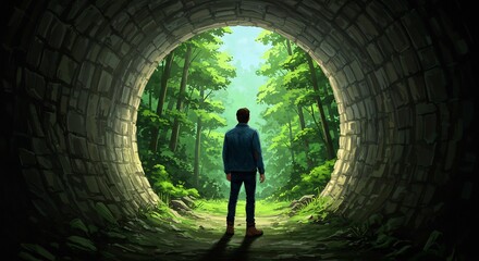 Man emerges from dark tunnel into sunlit forest hopeful scene. AI Generated