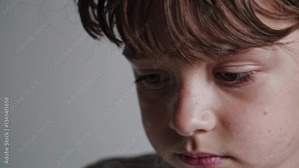 Poster Close-up video shot of a child's face, capturing an introspective mood. The side angle emphasizes emotion and depth in a minimalist style.