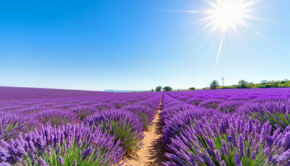 Lavender fields blooming under bright sunlight, natural beauty