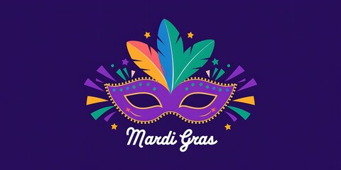 Obraz premium Mardi Gras celebration with a vibrant purple masquerade mask adorned with colorful feathers, surrounded abstract shapes stars festive elements on deep purple background elegant Mardi Gras lettering